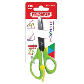 {{photo.Alt || photo.Description || 'Ножницы ПИФАГОР, 130 мм, с усилителем, линейкой, зеленые, в картонной упаковке с европодвесом, 236857'}}