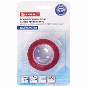 {{photo.Alt || photo.Description || 'Монтажная прозрачная суперпрочная двухсторонняя лента 19 мм х 1,5 м, акриловая, 1 мм, BRAUBERG, 606423'}}