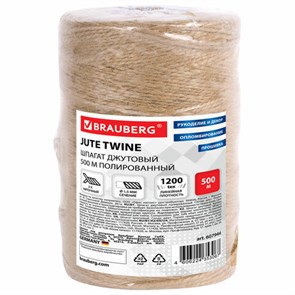 {{photo.Alt || photo.Description || 'Шпагат джутовый полированный длина 500 м диаметр 1,5 мм, 2-х ниточный, BRAUBERG, 607944'}}