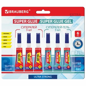 {{photo.Alt || photo.Description || 'Клей-Гель моментальный 3 шт. по 3 г + Суперклей 3 шт. по 3 г, НАБОР 6 тюбиков, BRAUBERG EXTRA, 608108'}}