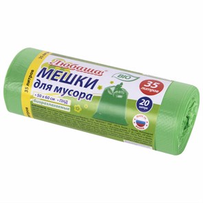 {{photo.Alt || photo.Description || 'Мешки для мусора биоразлагаемые 35 л, зеленые, рулон 20 шт., ПНД 11 мкм, 50х60 см, ЛЮБАША, 608098'}}