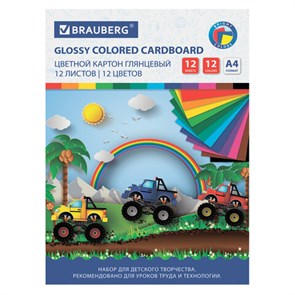 {{photo.Alt || photo.Description || 'Картон цветной А4 МЕЛОВАННЫЙ (глянцевый), 12 листов 12 цветов, в папке, BRAUBERG, 200х290 мм, &quot;Гонки&quot;, 129916'}}