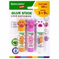 Клей-карандаш "Лапки" Cat Paw, 9 г, фигурный колпачок, 3 шт. на блистере, BRAUBERG KIDS, 271982 271982