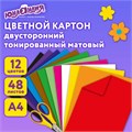 Цветной картон А4, ТОНИРОВАННЫЙ В МАССЕ, 48 листов, 12 цветов, склейка, 180 г/м2, ЮНЛАНДИЯ, 210х297 мм, 129877 129877